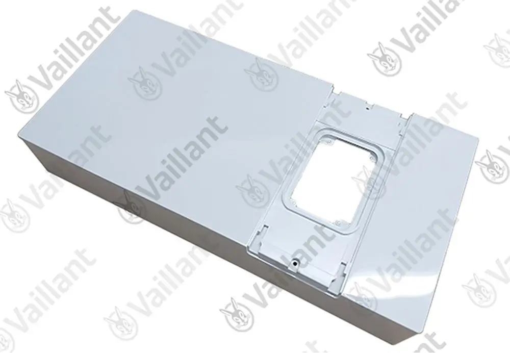 Vaillant Frontblech in neutralem Design, rechteckige Form mit Aussparung, geeignet für bestimmte Heizungsmodelle, präsentiert auf weißem Untergrund.